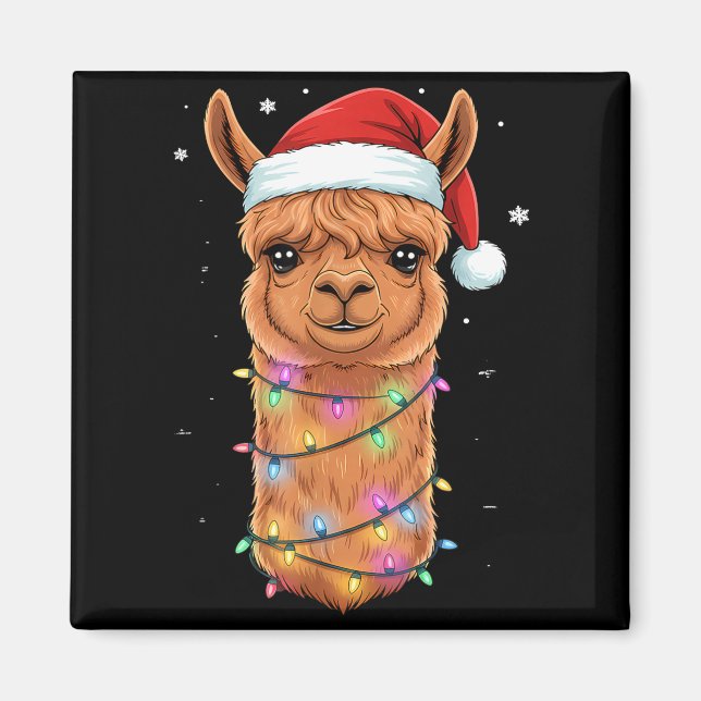 Imã Christmas Lights Alpaca Santa Hat Llama Cute Xmas  (Frente)