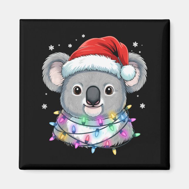 Imã Christmas Lights Koala Santa Hat Cute Xmas Pajamas (Frente)