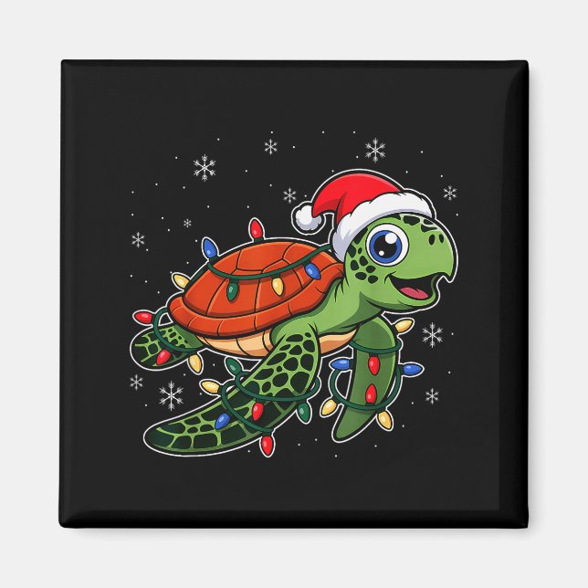 Imã Christmas Lights Turtle Wearing Xmas Hat - Lover  (Frente)
