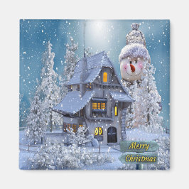 Imã Christmas Party Winter White Snowman Blue Rustic