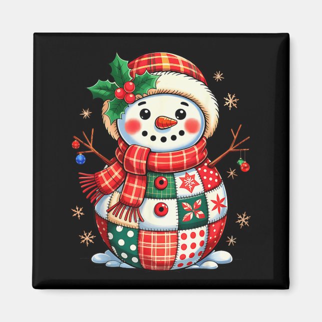 Imã Christmas Patchwork Snowman - Quilted Holiday Aest (Frente)