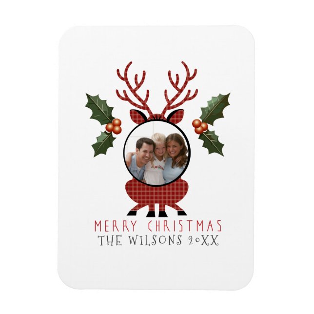 Ímã Christmas Plaid Reindeer with Personalized Photo (Vertical)