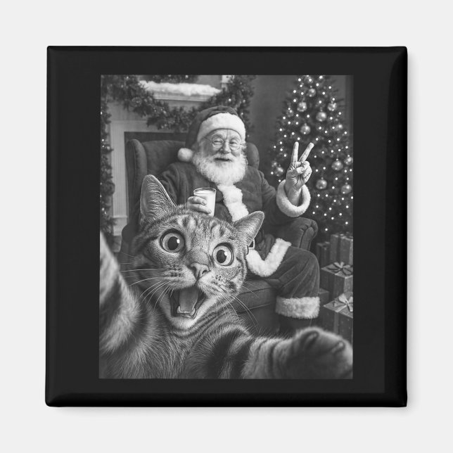 Imã Christmas Santa Claus Merry X-mas Funny Cat Selfie (Frente)