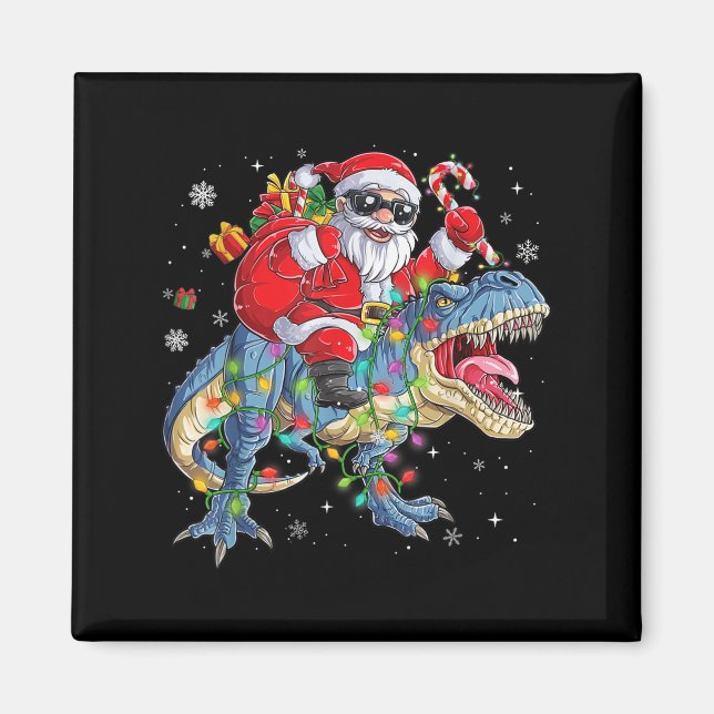 Imã Christmas Santa Riding Dinosaur Funny Xmas Lights  (Frente)