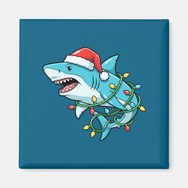 Imã Christmas Shark Santa Hat Wrapped In Lights Funny  (Frente)