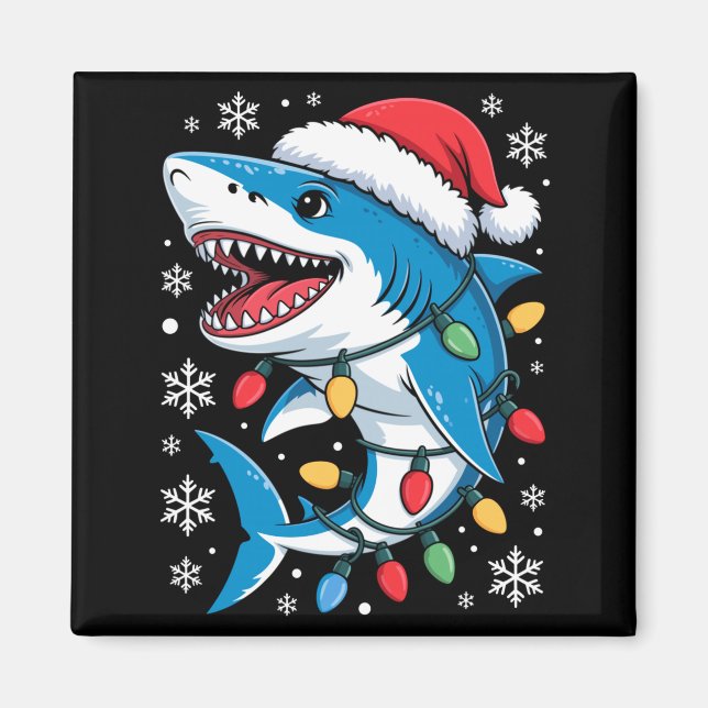 Imã Christmas Shark Santa Hat Wrapped Lights Holiday S (Frente)