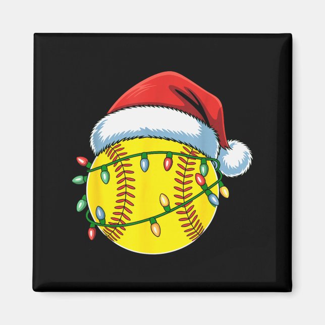Imã Christmas Softball Ball Santa Hat Softball Xmas Li (Frente)