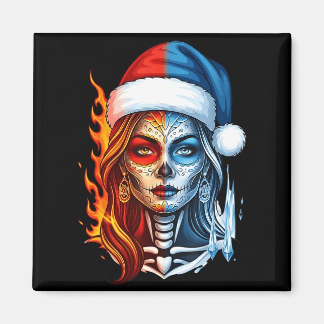 Imã Christmas Sugar Skull Art Woman Santa Hat Fantasy  (Frente)