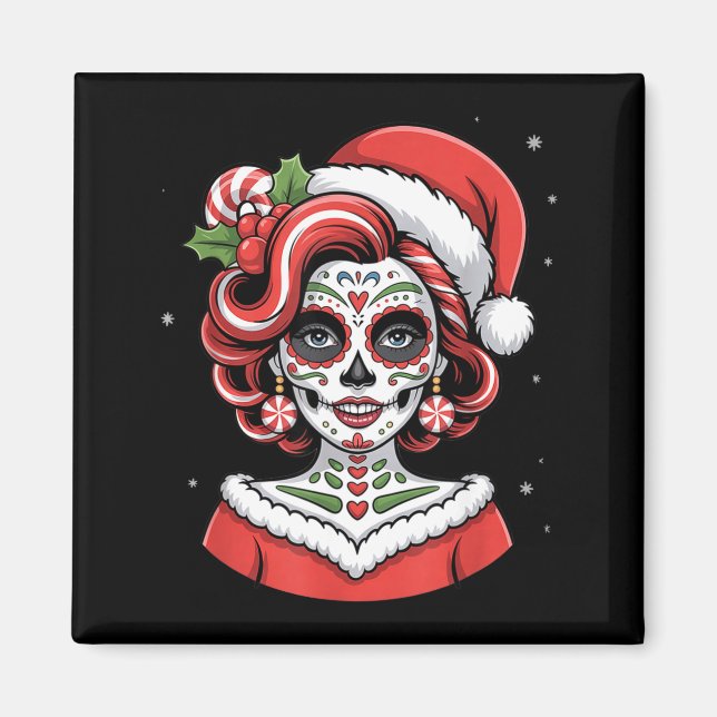 Imã Christmas Sugar Skull Art Woman Santa Hat Festive  (Frente)
