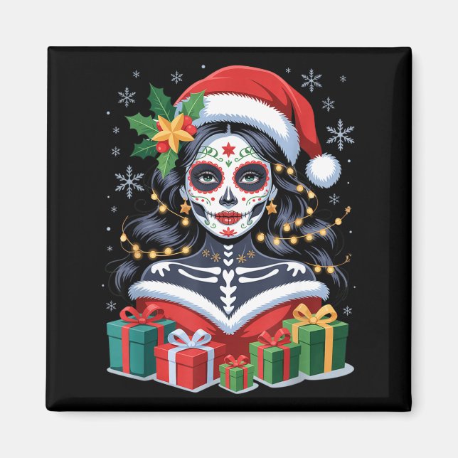 Imã Christmas Sugar Skull Art Woman Santa Hat Festive  (Frente)