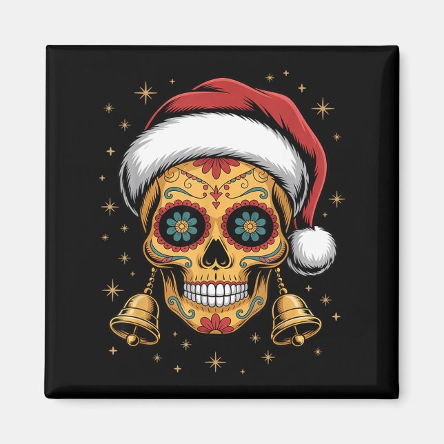 Imã Christmas Sugar Skull Art Woman Santa Hat Festive  (Frente)