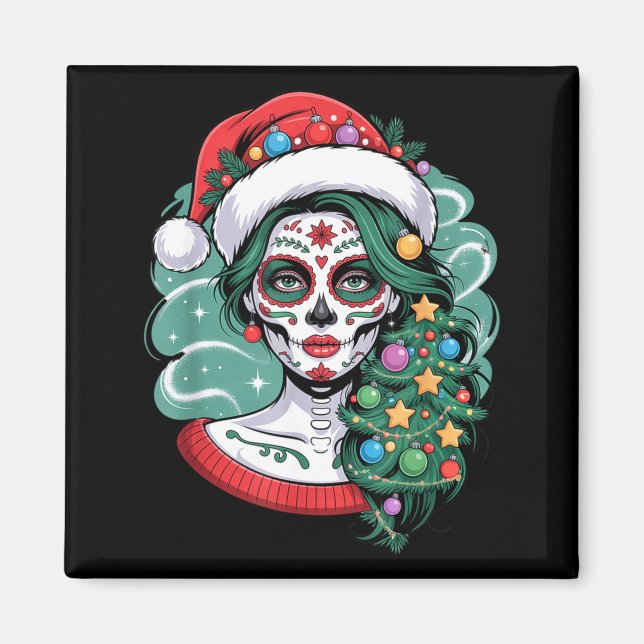 Imã Christmas Sugar Skull Art Woman Santa Hat Festive  (Frente)