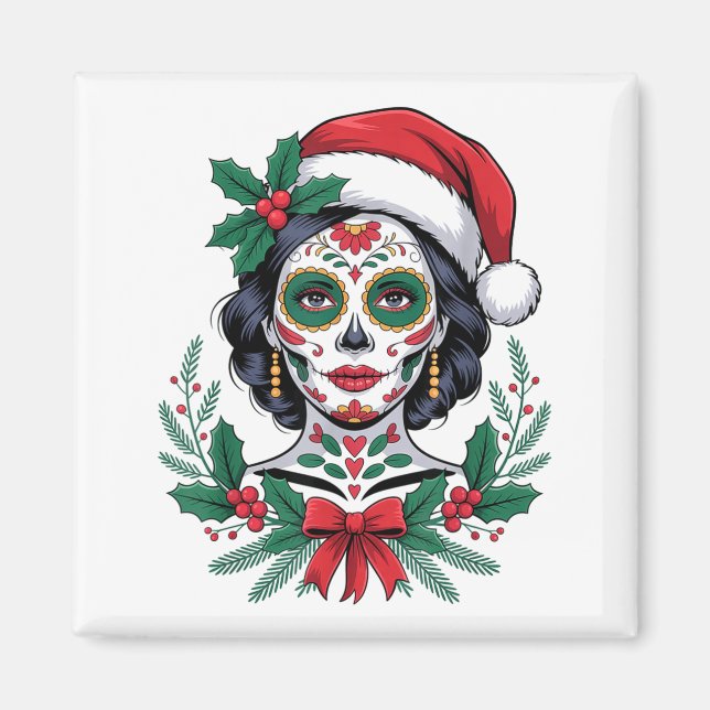 Imã Christmas Sugar Skull Art Woman Santa Hat Festive  (Frente)