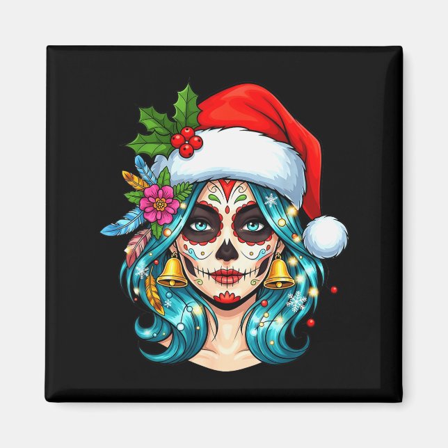 Imã Christmas Sugar Skull Art Woman Santa Hat Festive  (Frente)