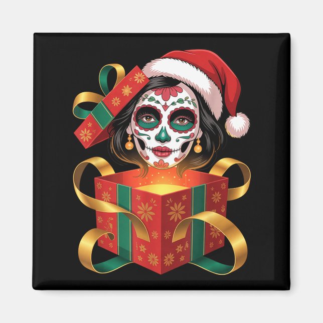 Imã Christmas Sugar Skull Art Woman Santa Hat Festive  (Frente)