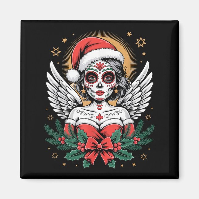 Imã Christmas Sugar Skull Art Woman Santa Hat Festive  (Frente)