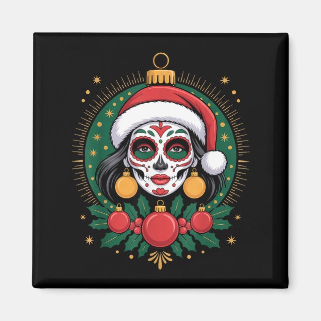 Imã Christmas Sugar Skull Art Woman Santa Hat Festive  (Frente)