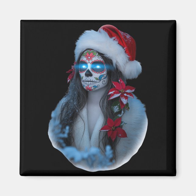 Imã Christmas Sugar Skull Art Woman Santa Hat Festive  (Frente)