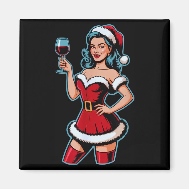 Imã Christmas Wine Santa Girl Holiday Party Funny Vint (Frente)