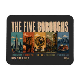 Ímã Cinco Bairros Nova York NYC Ilustração Retro