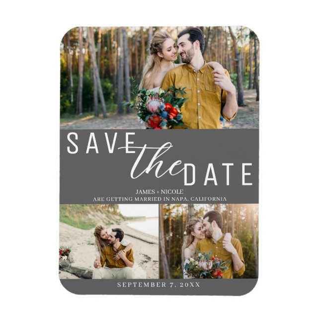 Ímã Cinza Escuro Save the Date Casamento 3 Fotos (Vertical)