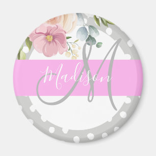 Imã Cinza Rosa Branco Floral Chic & Girly Nome do Mono