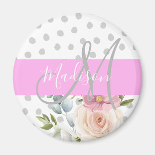 Imã Cinza Rosa Branco Floral Chic & Girly Nome do Mono