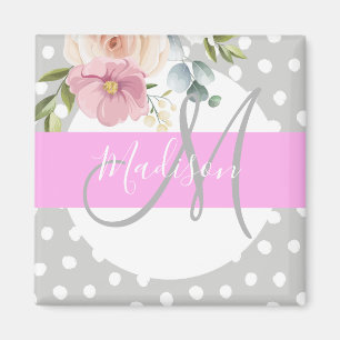 Imã Cinza Rosa Branco Floral Chic & Girly Nome do Mono