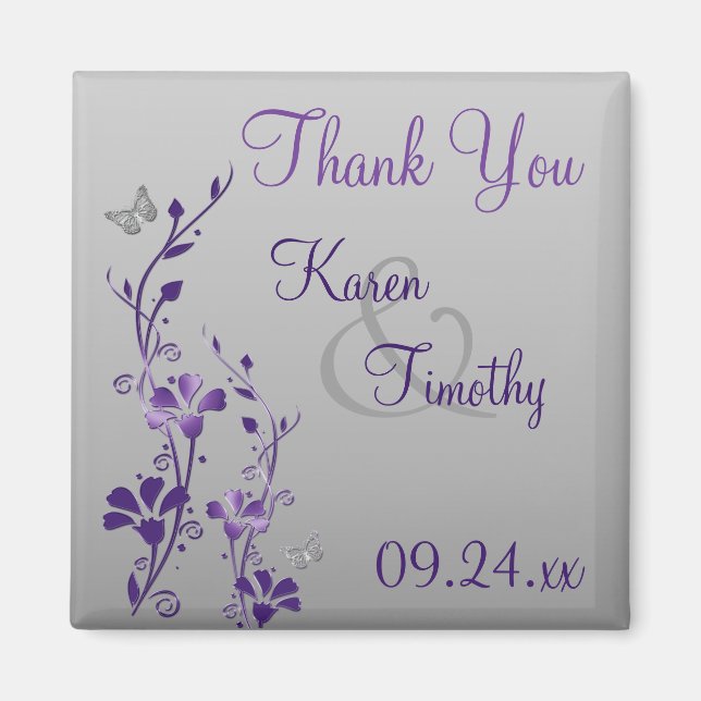 Imã Cinza Roxa Borboleta Floral, Favor Magnet (Frente)