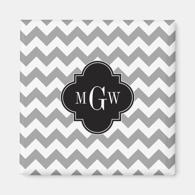 Imã Cinza Whevron Black Quatrefoil 3 Monograma (Frente)