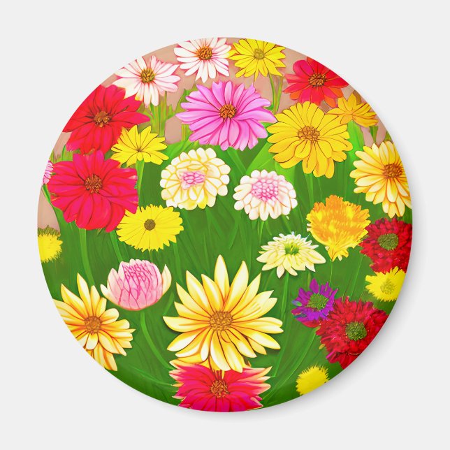 Imã Círculo de Flores Selvagens, Vermelho e Amarelo (Frente)