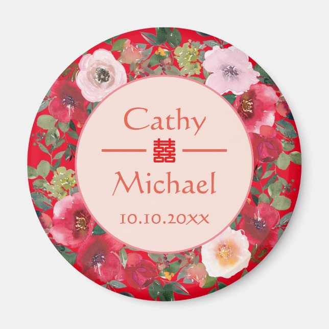 Imã Círculo vermelho coroa floral do casamento chinês  (Frente)