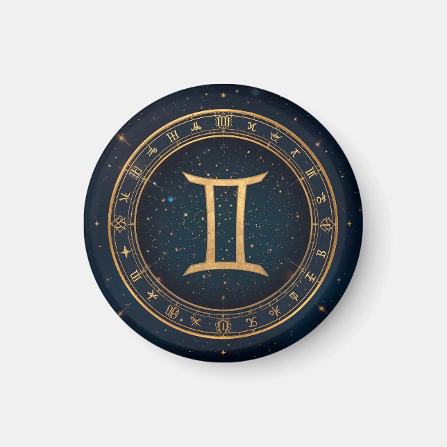 Imã Círculo Zodiacal Gêmeos Dourados Com Noite Estrela (Frente)