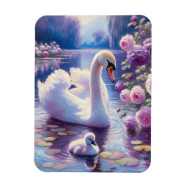 Ímã Cisne branco e Cygnet com Rosas roxos