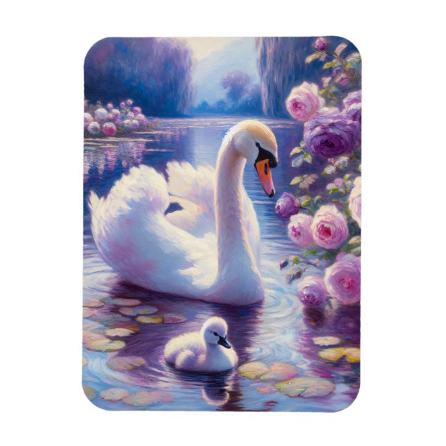 Ímã Cisne branco e Cygnet com Rosas roxos (Vertical)