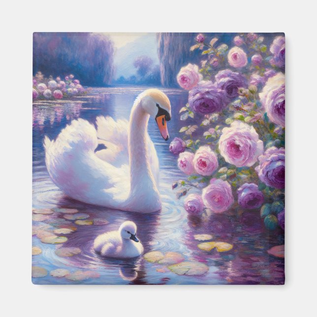 Imã Cisne branco e Cygnet com Rosas roxos (Frente)
