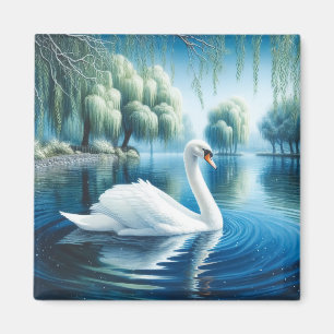 Imã Cisne Branco Salgueiros Chorões Arte Aquarela