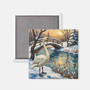Imã Cisne Vintage por Pintura de Natal da Ponte Nevada