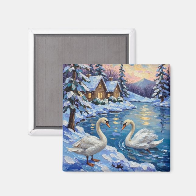 Imã Cisnes Antigos em uma Pintura de Natal de Lago de  (Front/Back)