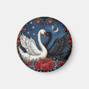 Imã Cisnes Brancos e Pretos com Corações e Rosas