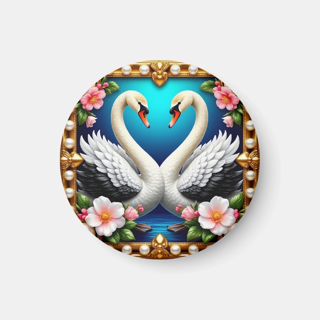 Imã Cisnes de Casamento Enquadrados com Ouro e Flores (Frente)