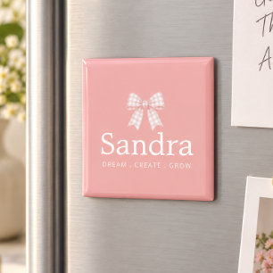 Imã Citação de Nome com Laço Rosa Xadrez Moderno