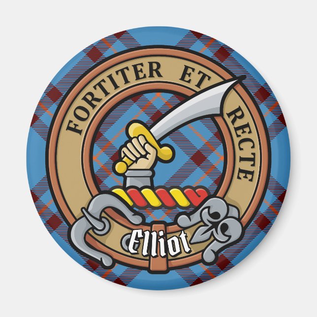 Imã Clan Elliot Crest sobre o Antigo Tartan (Frente)