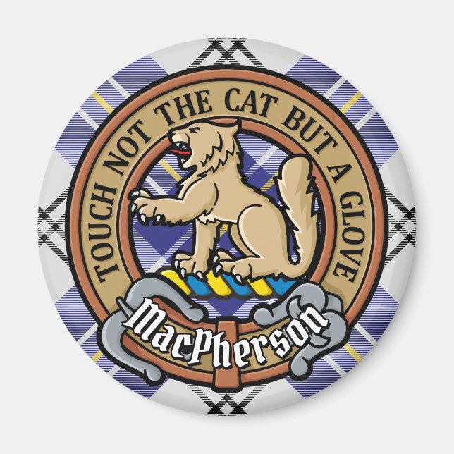 Imã Clan MacPherson Crest sobre Blue Dress Tartan (Frente)