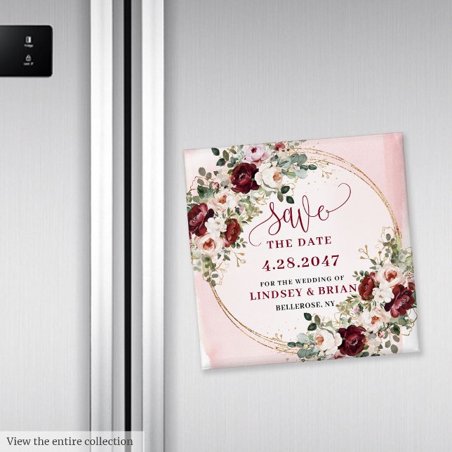 Imã Clássico Boho Bege Vino Dourado Floral Save the Da (Classic Boho Maroon Blush Gold Floral Save the Date Magnet

)