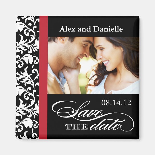Imã Clássico Damask Save the Date with Red Accent (Frente)