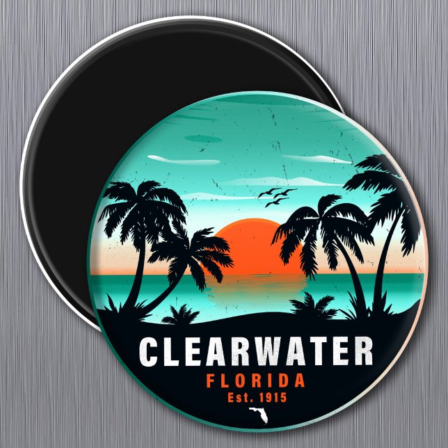 Imã Clearwater Florida Beach Retro Sunset Souvenirs (Criador carregado)