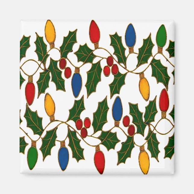 Imã Cloisonne Art Christmas Lights and Holly (Frente)