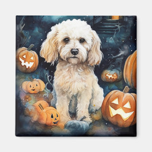 Imã Cockapoo de Halloween com Abóboras Assustador