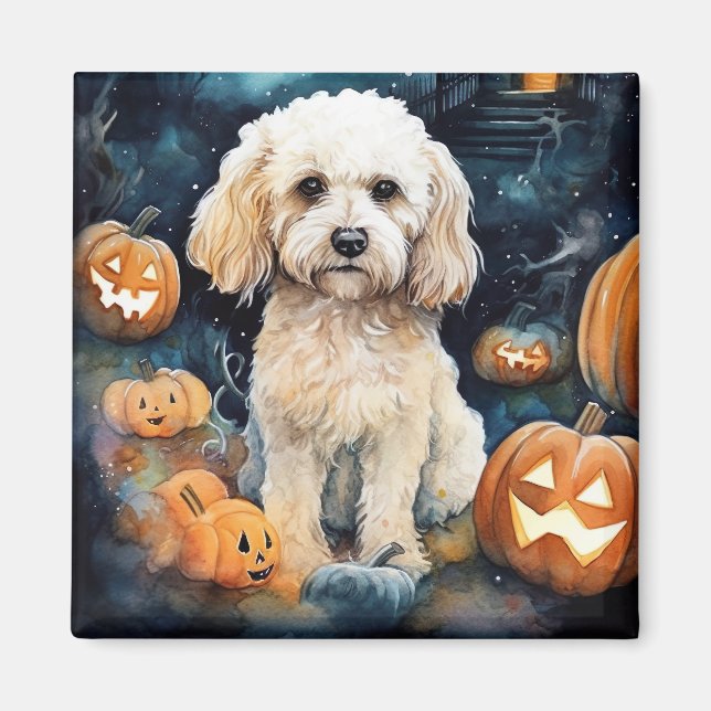 Imã Cockapoo de Halloween com Abóboras Assustador  (Frente)